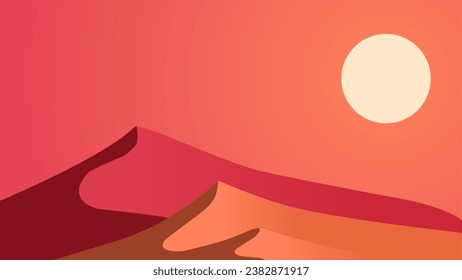 Wüstenlandschaft, Vektorgrafik. Roter Sand Wüstenlandschaft mit Hitze Sonne und Düne. Subtropische Wüstenlandschaft auf Hintergrund, Tapete oder Landungseite