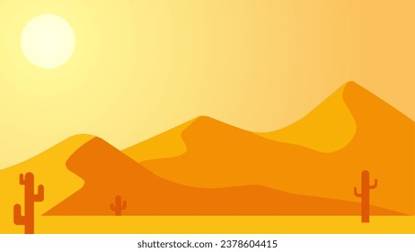 Ilustración vectorial del paisaje del desierto. Paisaje del desierto de arena con sol de calor y cactus. Paisaje subtropical del desierto para fondo, fondo de pantalla o página de aterrizaje
