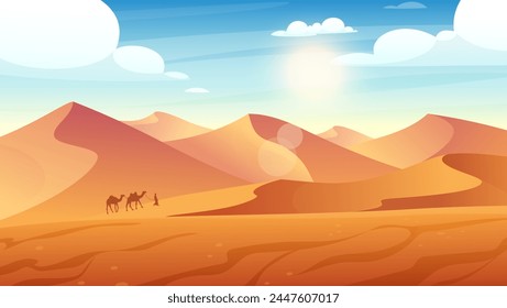 Paisaje del desierto. Ilustración vectorial de desierto con dunas de arena, sol, colinas, caravana de camellos. Naturaleza africana caliente o salvaje del oeste de México. Desierto de oro al atardecer. Hombre árabe en el desierto del Sahara