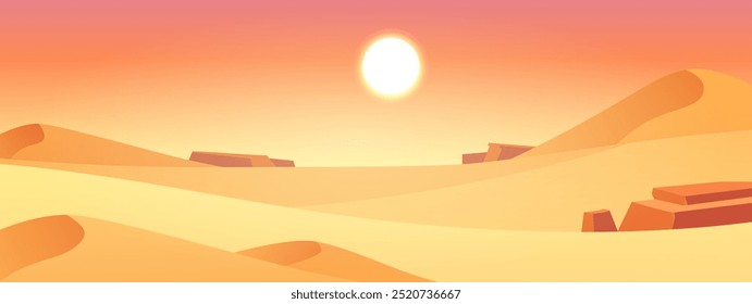 Paisaje desértico. Ilustración vectorial con dunas de arena, rocas, montañas, sol y atardecer. Gráficos de estilo de dibujos animados que transmiten la belleza de la naturaleza.