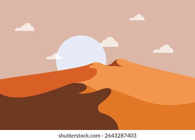 Desert Landscape Vetor Illustration, Dunas de areia Pôr do Sol, Serene Wild Desert Scene
