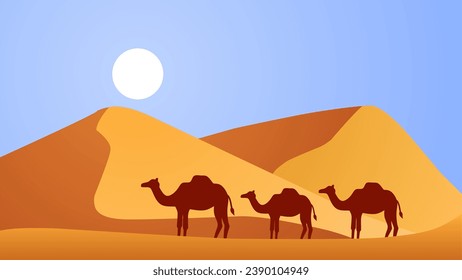  Desert landscape vector illustration. Scenery of heat and dry in sand desert with dune and bright sunlight. Subtropical desert panorama for illustration, background or wallpaper