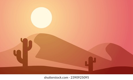 Ilustración vectorial del paisaje del desierto. Un entorno de calor y seco en el desierto de arena con dunas y luz solar brillante. Panorama del desierto subtropical para ilustración, fondo o fondo