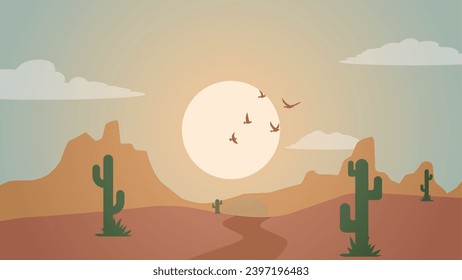 Desert landscape vector illustration. Scenery of rock desert with cactus and flock of birds. Wild west desert landscape for illustration, background or wallpaper