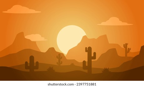 Desert landscape vector illustration. Scenery of rock desert with cactus and butte stone. Wild west desert landscape for illustration, background or wallpaper