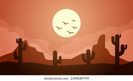 Desert landscape vector illustration. Scenery of rock desert with cactus and flock of birds in sunset. Wild west desert landscape for illustration, background or wallpaper