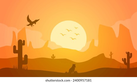 Ilustración vectorial del paisaje del desierto. Paisaje del desierto rocoso con cactus y rebaño de pájaros al atardecer. Paisaje del desierto del oeste silvestre para ilustración, fondo o fondo