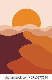 Desert landscape in a vertical format, warm beige colors. Vector illustration with sunset in mountains. Abstract landscape poster.