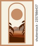 Desert landscape view, sunny dunes and palms illustration