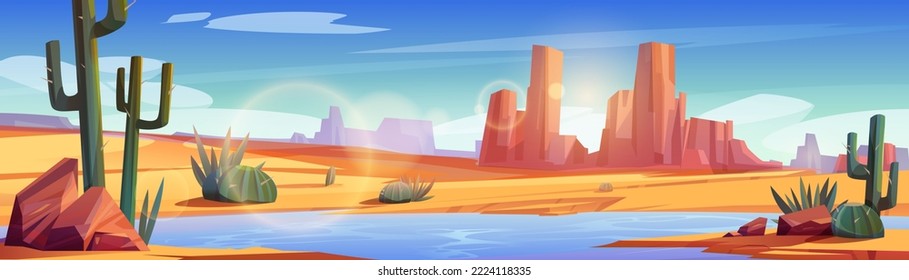 Desert landscape with water in oasis. Cartoon vector illustration of blue river flowing across endless sandy valley with rocks and cacti under blazing sun shining in blue sky. Adventure game