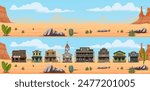 Desert landscape and Western Wild West town cartoon buildings. Old saloon, store, sheriff office and bank vector houses, church, hotel, pharmacy and post wood houses, Western street rural architecture