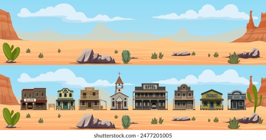 Paisaje del desierto y edificios de dibujos animados del oeste de Wild West. Antiguo salón, tienda, oficina del sheriff y casas de Vector del banco, iglesia, hotel, farmacia y casas de madera del poste, arquitectura rural de la calle occidental