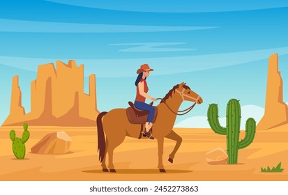 Desert landscape with woman cowboy on horse, mountains, cactuses. Wild West Texas in flat style. Western scene. Wild West Arizona. Vector illustration