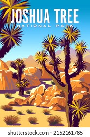 Desert Landscape With Yuccas In The First Plan And The Mountains In The Background. Joshua Tree National Park Travel Poster. Handmade Drawing Vector Illustration.