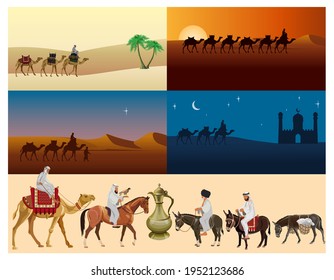 Desert landscapes with camel caravan and Arabian livestock. Set of vector illustrations in realistic style