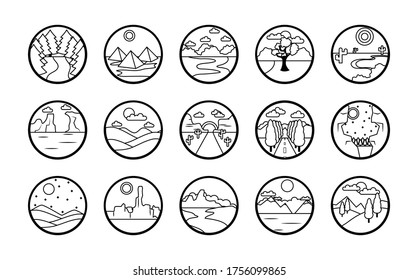 desert and Landscapes icon set over white background, line style, vector illustration