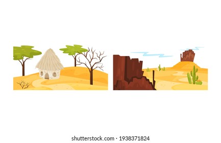 Desert Landscapes with Sand, Hut and Cactus Vector Set