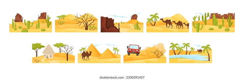 Desert Landscapes with Sand, Oasis, Cactus and Palms Vector Set