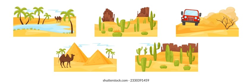 Desert Landscapes with Sand, Oasis, Cactus and Palms Vector Set