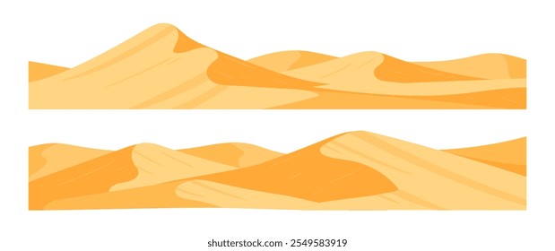 Wüstenlandschaften. Sandy Wildnis Blick, Sanddünen Landschaft flache Vektorhintergrund Illustration. Cartoon Sand Wüste Blick