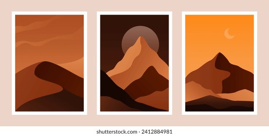 Desert landscapes set. Wild nature posters with mountains rocks and sand dunes, African savanna silhouettes. Vector contemporary set