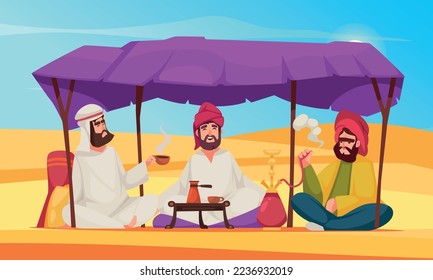 Desert life cartoon scene with people in traditional clothes drinking coffee and smoking hookah vector illustration