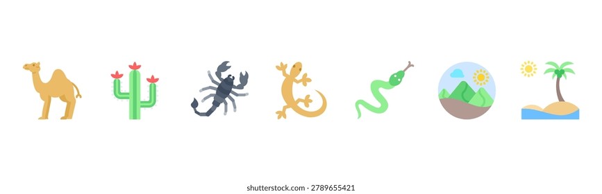 Desert Life set with Camel, Cactus, Scorpion, Lizard, Snake, Sand Dune, and Oasis for arid environment and wildlife visuals.