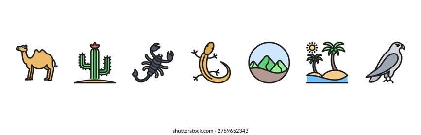 Desert Life set featuring Camel, Cactus, Scorpion, Lizard, Sand Dune, Oasis, Falcon for arid environment visuals.