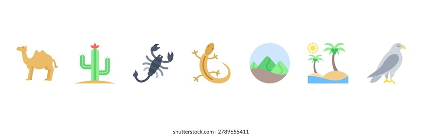 Desert Life set featuring Camel, Cactus, Scorpion, Lizard, Sand Dune, Oasis, Falcon for arid environment visuals.