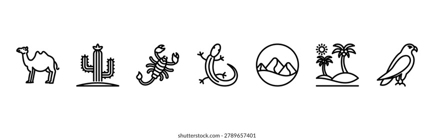 Desert Life set featuring Camel, Cactus, Scorpion, Lizard, Sand Dune, Oasis, Falcon for arid environment visuals.