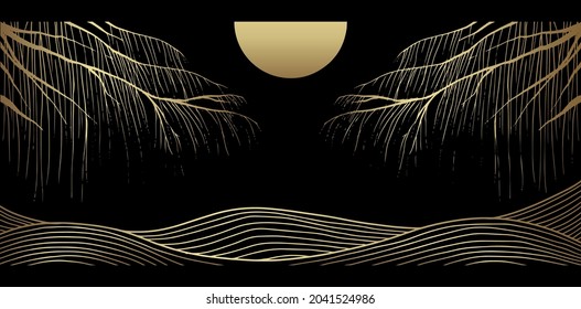 Desert line art background, luxury gold wallpaper design