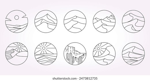 desert line art logo icon template vector illustration set bundle. Oasis Sahara design package