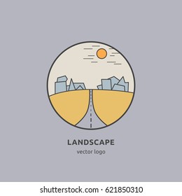 Desert line vector illustration.Landscape with road, sun, highway.