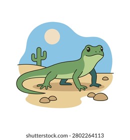 Desert Lizard Illustration Containing green lizard, desert landscape, reptile, wildlife, and flat illustration. Flat illustration