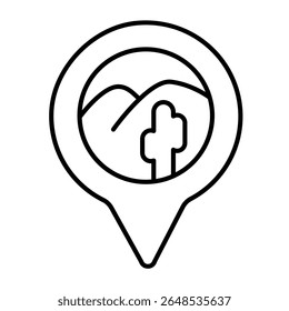 Desert location pointer thin line icon, wild desert concept. Vector graphics. Location pin with sand and cactus plant sign on white background, style mobile or design