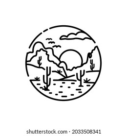 Desert Logo, Arid Land With Cactus Trees For Adventures Vintge Hipster Logo