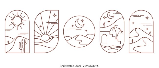 Desert logo with cactus and mountains. Bohemian landscape with sun and moon. Outline minimal illustration with sand valley. Set of abstract vector designs for tourism.