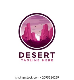 Desert logo design template. Mountain hill with sunshine illustration
