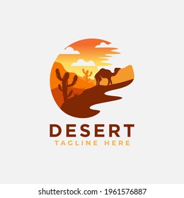 Desert logo design template with sunset and a silhouette of a camel. Vector illustration
