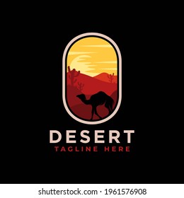 Desert logo design template with sunset and a silhouette of a camel. Vector illustration
