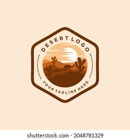 Desert logo design template with sunset and a silhouette of a camel. Vector illustration