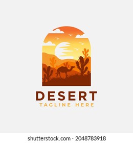 Desert logo design template with sunset and a silhouette of a camel. Vector illustration