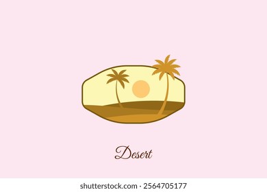 The desert logo is hexagon shaped, a minimalist desert with images of palm trees and the sun