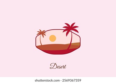 The desert logo is hexagon shaped, a minimalist desert with images of palm trees and the sun