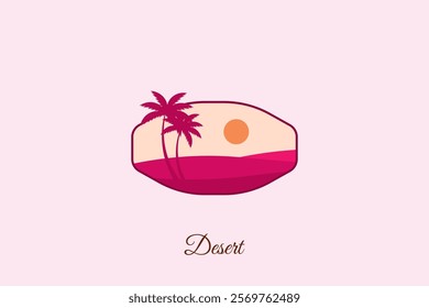 The desert logo is hexagon shaped, a minimalist desert with images of palm trees and the sun