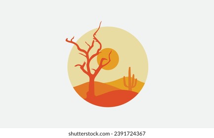 Logo del desierto con diseño minimalista, forma de círculo, color naranja, puesta de sol.
