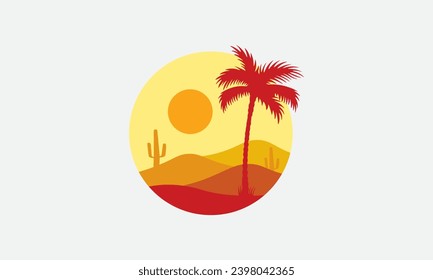 Desert logo with minimalist design, circle shape, orange color, sunset.