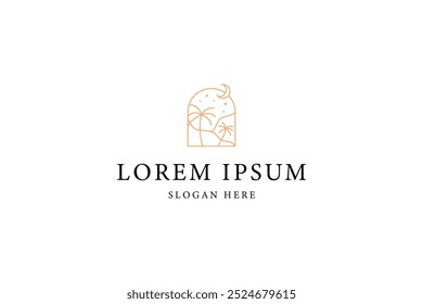 desert logo with palm trees in a frame decorated with a crescent moon in line art design style