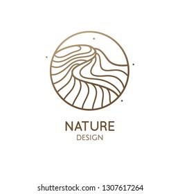 Desert logo template. Vector linear round icon of water or desert landscape with barkhan. Minimal abstract emblem for business emblem, badge for a travel, tourism, ecology concept, health, yoga Center