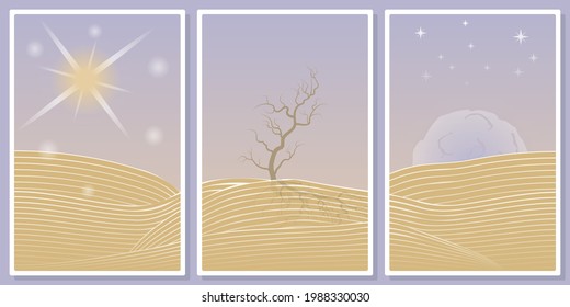 desierto, árbol solitario sin follaje, sol, luna enorme - conjunto de vectores de arte mural, para arte mural, afiche, papel tapiz, impresión

